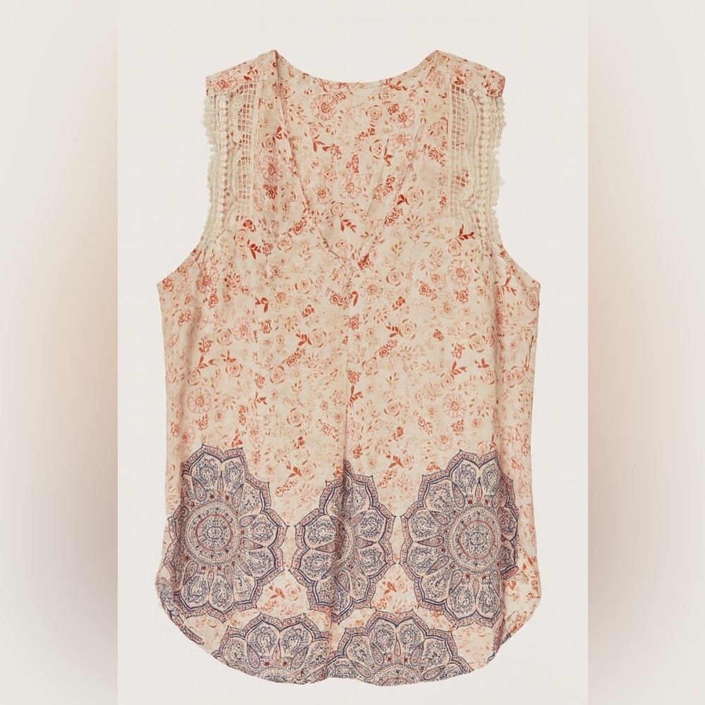 Daniel Rainn Floral Sleeveless Blouse Boho Lace Trim Border Hem Size S